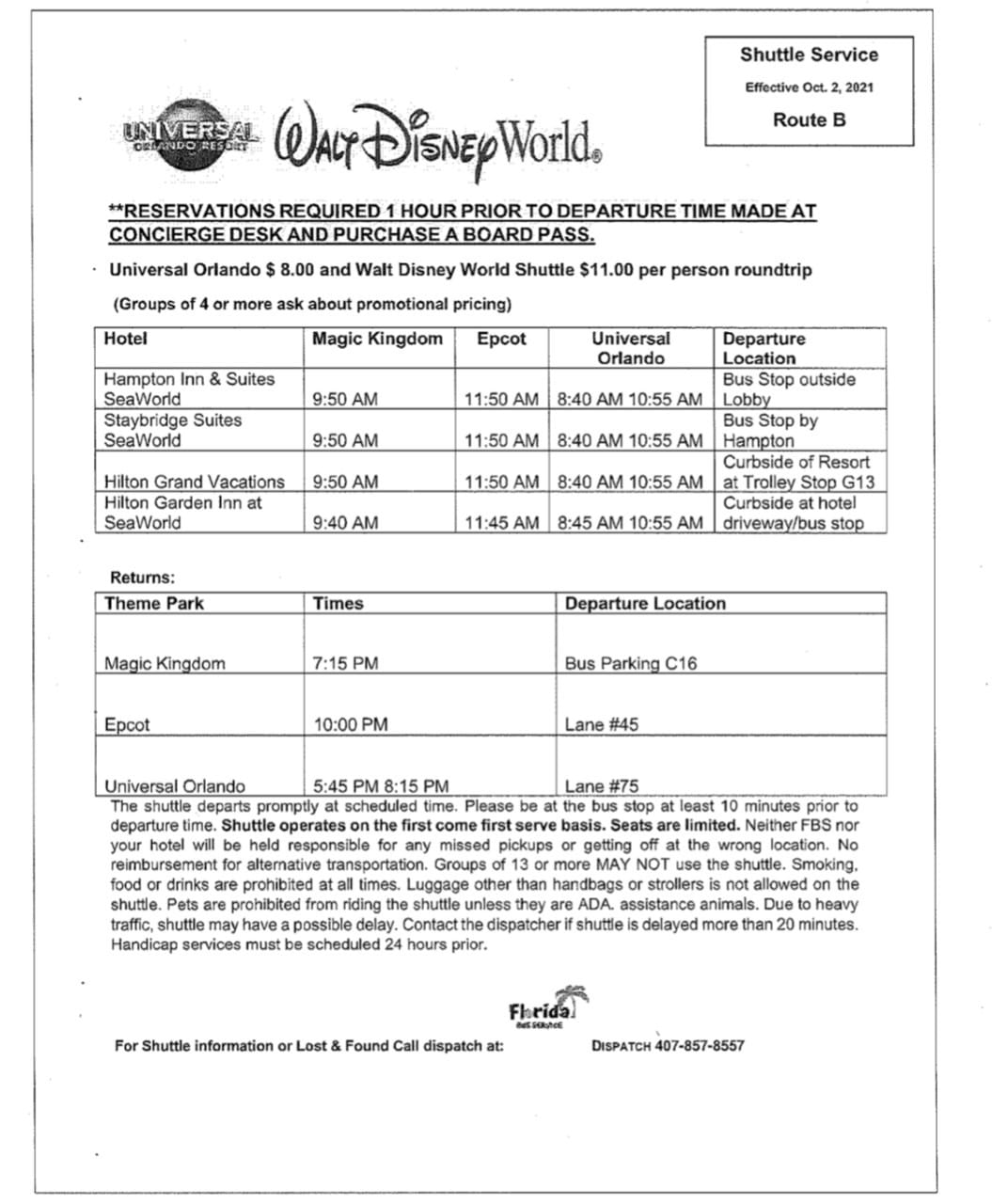 free shutlle schedule for disney in orlando