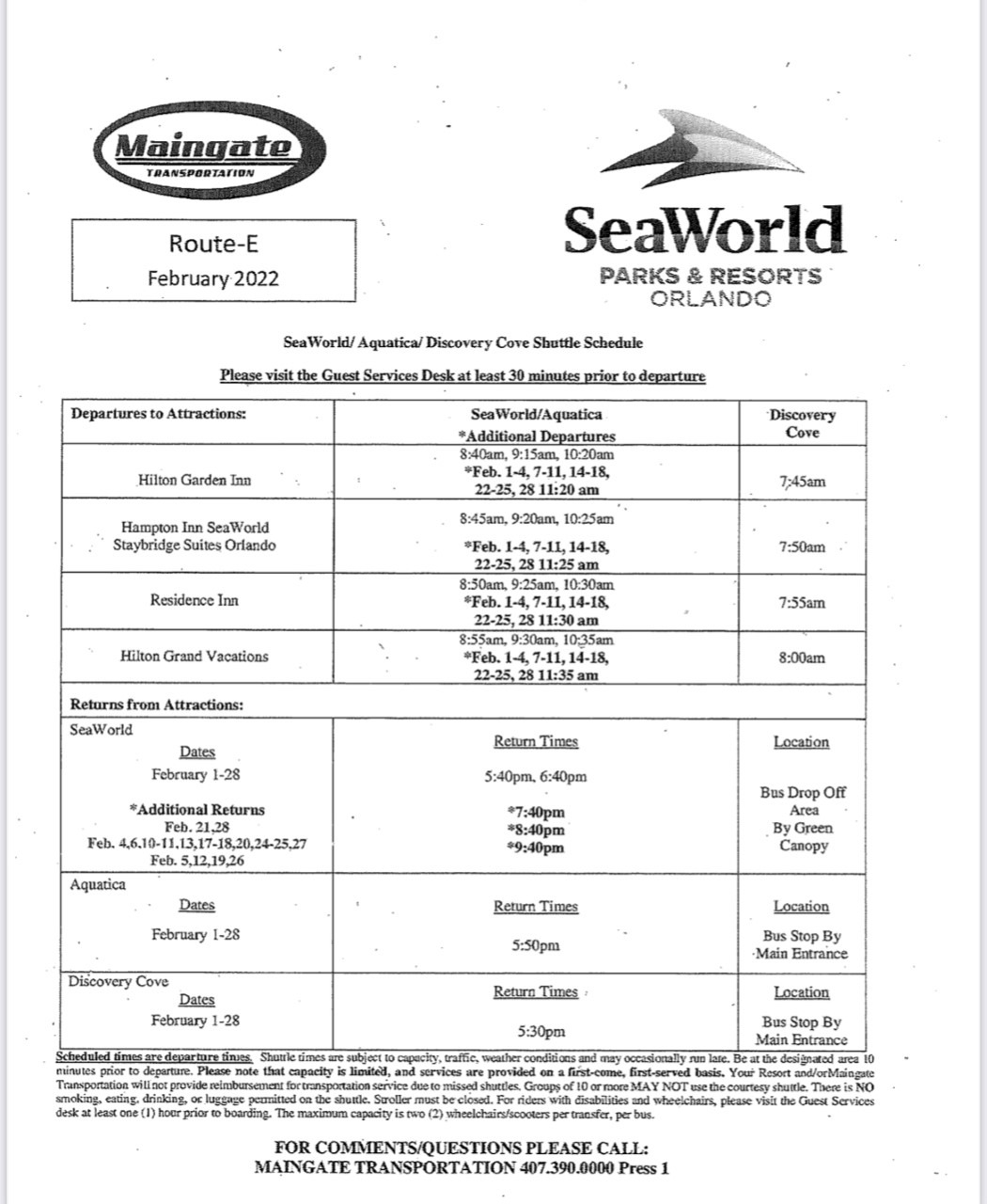 free shutlle schedule for seaworld in orlando