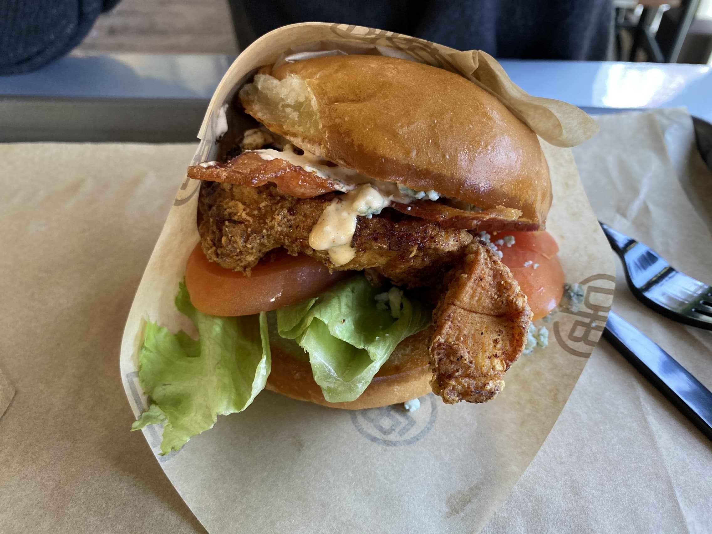 buffalo chicken sandwich at de-luxe burger in disney springs 