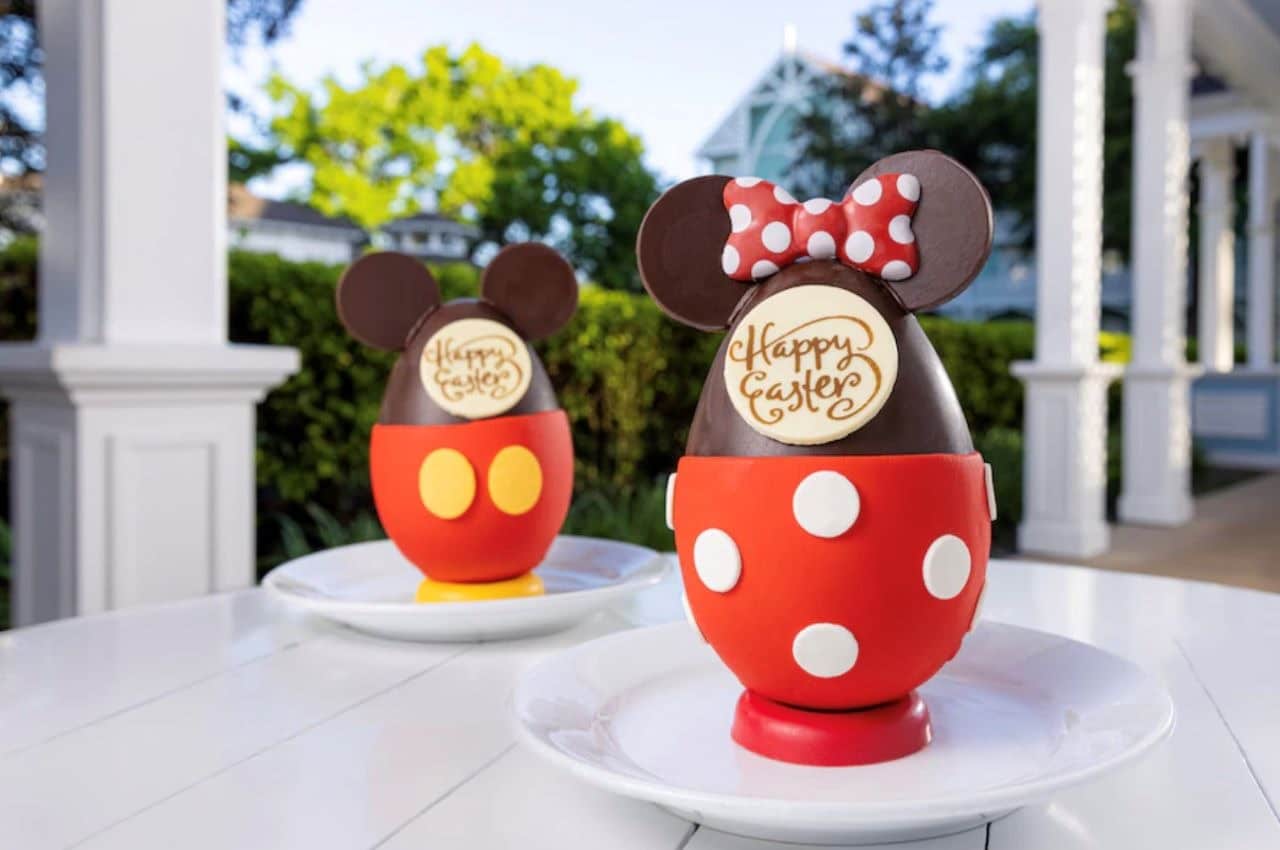 Chocolate Easter egg decorated to look like Mickey and Minnie with a Happy Easter tag
