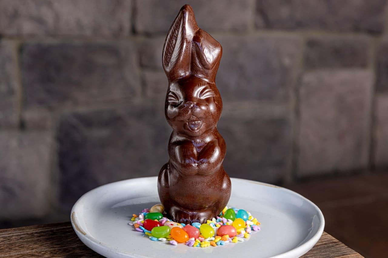 Dark chocolate bunny with Easter quins and jellybeans