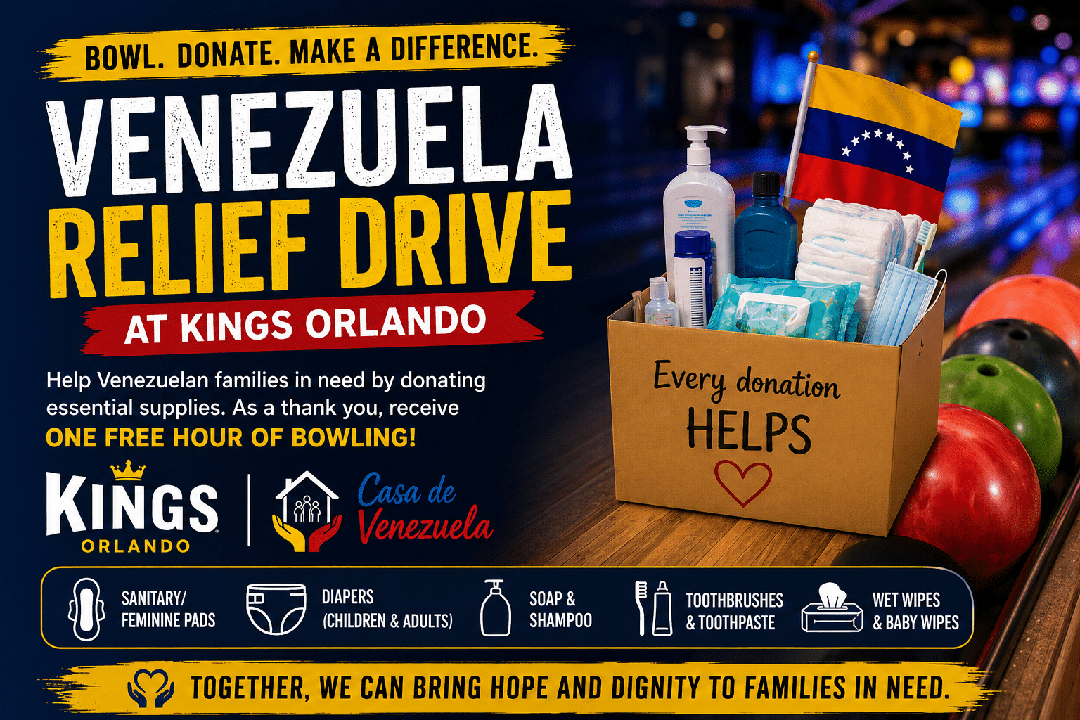 Kings Orlando Launches Venezuela Relief Drive with Free Bowling for Donors 1 Kings Orlando Venezuela Relief Drive